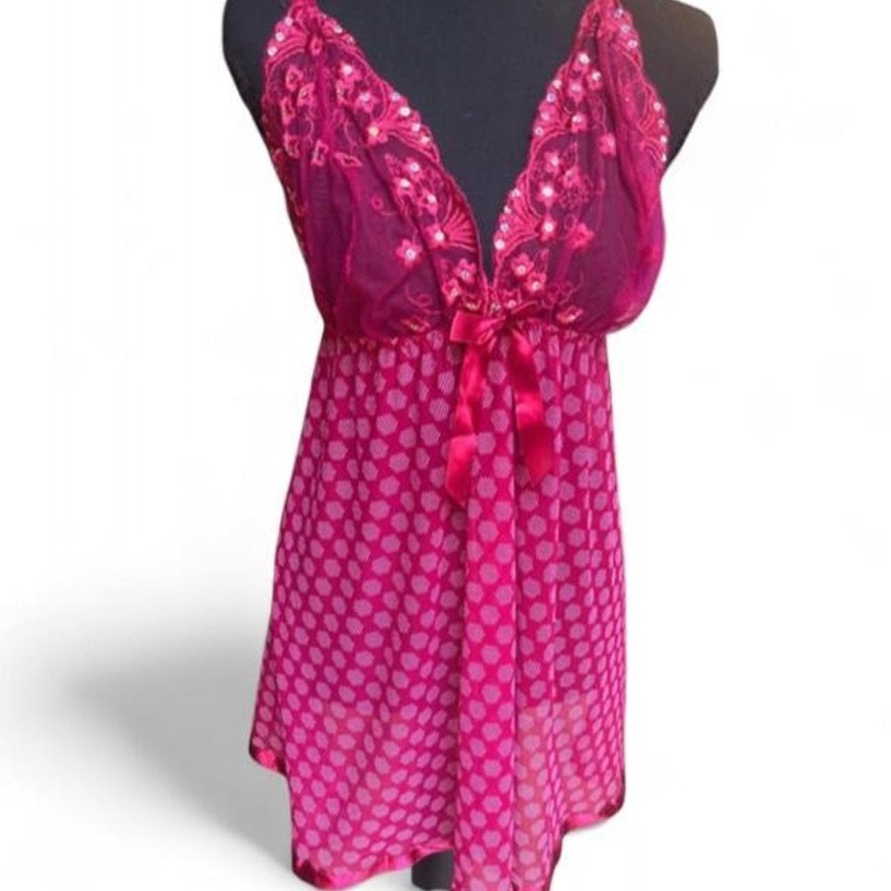 Hot Pink Polka Dot Babydoll Lingerie Chemise Sequin Embroidered Lace Trim